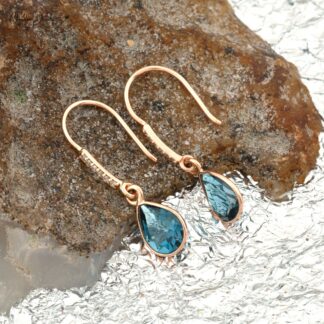 Natural London Blue Topaz Diamond Earrings 14k Solid Rose Gold Dangle Earrings For Her 8x6mm Pear Cut Gemstone Hallmarked Jewelry