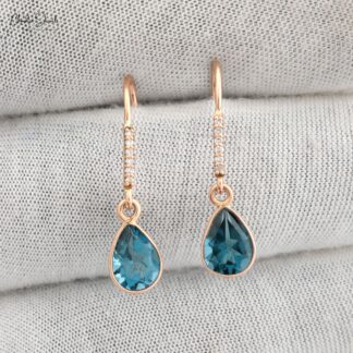 Natural London Blue Topaz Diamond Earrings 14k Solid Rose Gold Dangle Earrings For Her 8x6mm Pear Cut Gemstone Hallmarked Jewelry