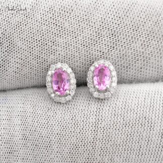 Halo Birthstone Stud In 14k White Gold Pink Sapphire And Diamond Handmade Earrings
