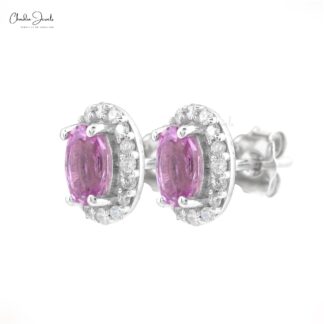 Halo Birthstone Stud In 14k White Gold Pink Sapphire And Diamond Handmade Earrings