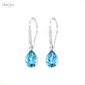 Natural Swiss Blue Topaz Diamond Earrings 14k White Gold Dangle Earrings For Her 8x6mm Pear Cut Gemstone Hallmarked Jewelry