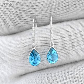 Natural Swiss Blue Topaz Diamond Earrings 14k White Gold Dangle Earrings For Her 8x6mm Pear Cut Gemstone Hallmarked Jewelry