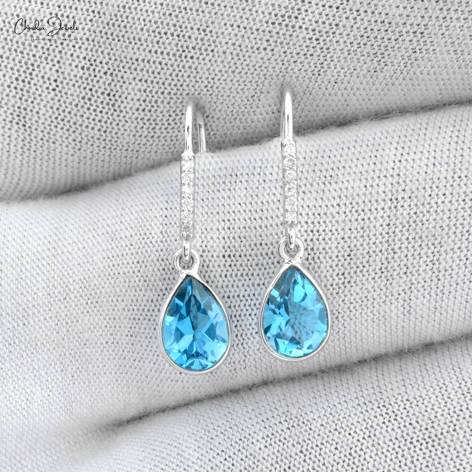 Natural Swiss Blue Topaz Diamond Earrings 14k White Gold Dangle Earrings For Her 8x6mm Pear Cut Gemstone Hallmarked Jewelry