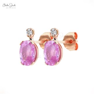 Prong Set Natural Pink Sapphire Earrings 7x5mm Oval Cut Gemstone Earrings 14k Solid Rose Gold Diamond Studs For Wedding Gift