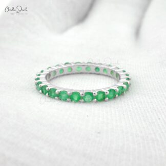 Natural Emerald Full Eternity Ring In 14k Real White Gold Dainty Stacking Rings Size US6.5
