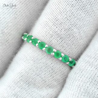Natural Emerald Full Eternity Ring In 14k Real White Gold Dainty Stacking Rings Size US6.5