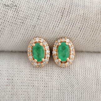 Genuine Emerald & Diamond Halo Earrings In 14k Solid Rose Gold