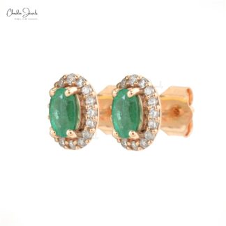 Genuine Emerald & Diamond Halo Earrings In 14k Solid Rose Gold
