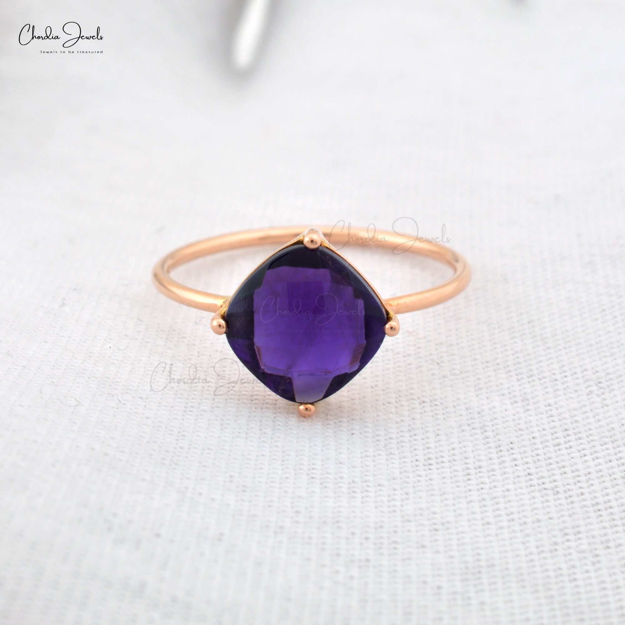 Natural 8mm Amethyst Gemstone Dainty Ring Solid 14K Rose Gold Birthstone Fine Jewelry