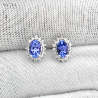 Oval-Cut 1.08ct Tanzanite Earrings with Diamond Halo in 14k Solid White Gold Charm Jewelry