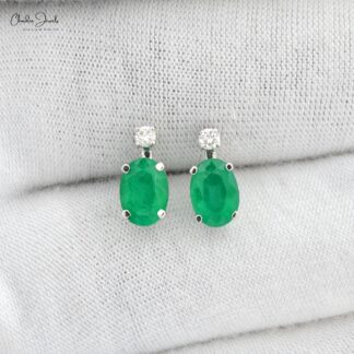 Natural 1.44Ct Green Emerald & Diamond Two Stone Stud Earrings