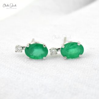 Natural 1.44Ct Green Emerald & Diamond Two Stone Stud Earrings