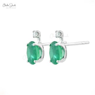 Natural 1.44Ct Green Emerald & Diamond Two Stone Stud Earrings