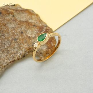 Genuine Emerald & Diamond 2-Stone Ring In Solid 14k Yellow Gold