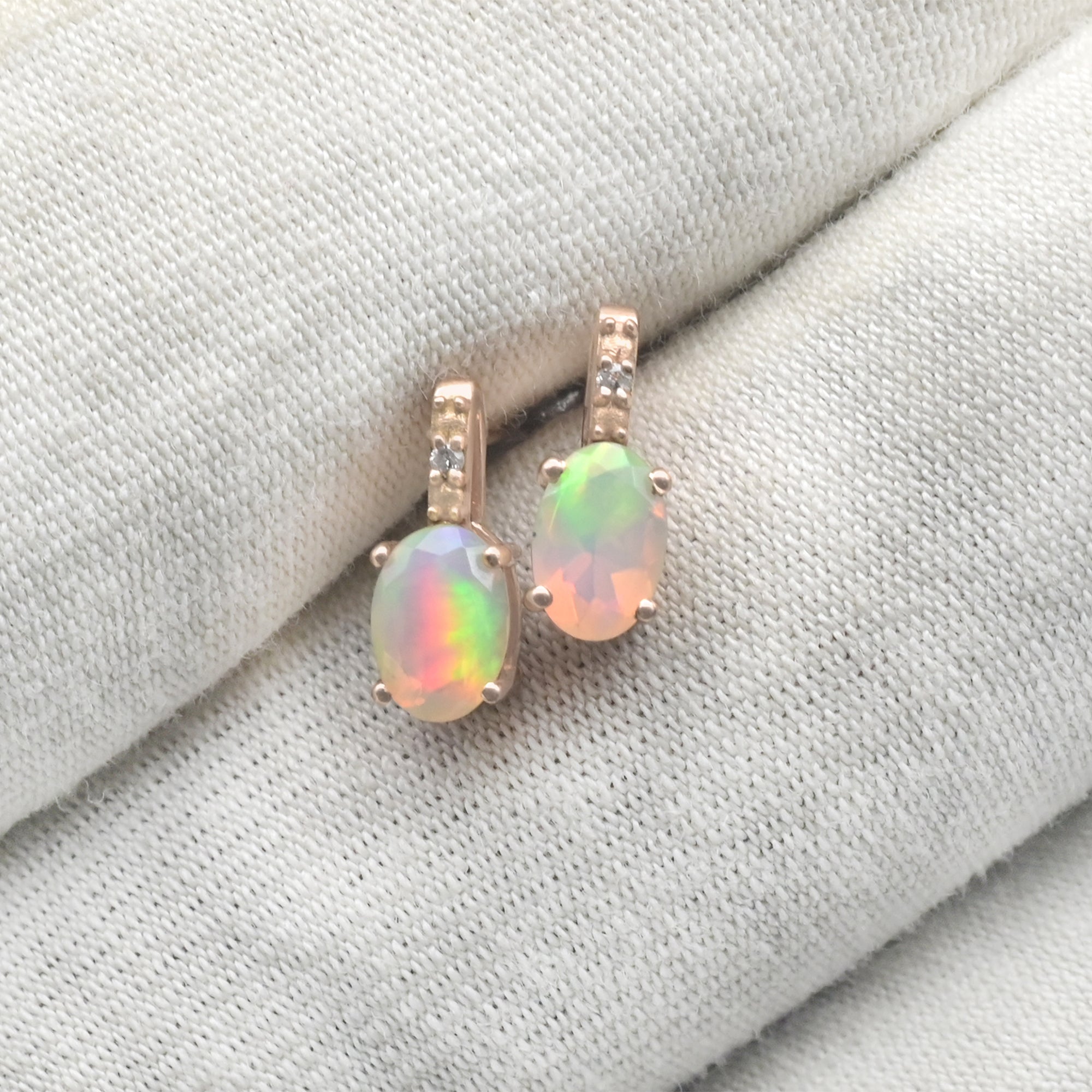 Natural Fire Opal Solitaire Earrings In 14k Solid Rose Gold Diamond Hallmarked Jewelry