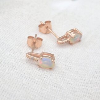 Natural Fire Opal Solitaire Earrings In 14k Solid Rose Gold Diamond Hallmarked Jewelry