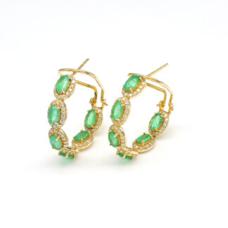 Gemstone Halo Hoops In 14k Real Yellow Gold Emerald G-H Diamond Latch Back Earrings