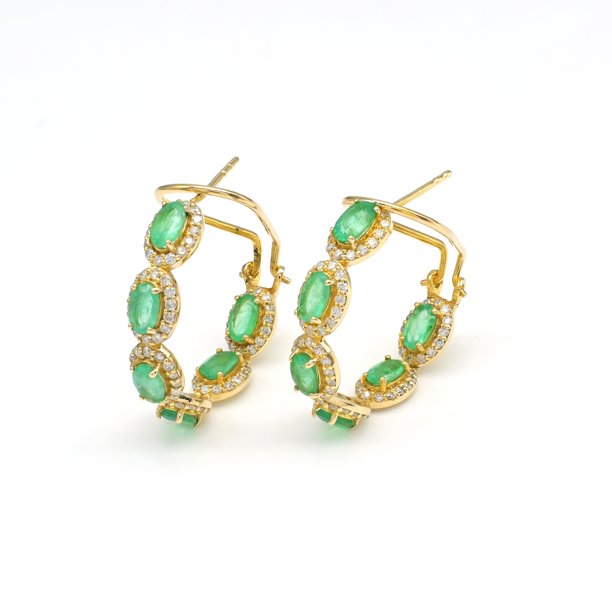 Gemstone Halo Hoops In 14k Real Yellow Gold Emerald G-H Diamond Latch Back Earrings