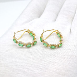 Gemstone Halo Hoops In 14k Real Yellow Gold Emerald G-H Diamond Latch Back Earrings