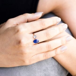 Open Cuff 2 Stone Ring With 10x8mm Tanzanite And Aquamarine 14k Rose Gold Bezel Set Rings