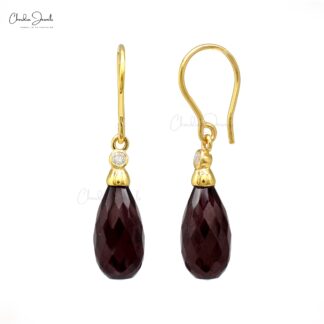 Two Stone Dangler Earring With Red Garnet And Diamond Hook Earrings In 14k Yellow Gold