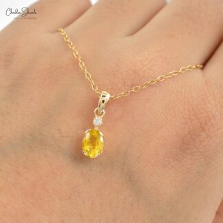 Diamond Accented Pendant In 14k Solid Gold With 7x5mm Yellow Sapphire Two Stone Pendant For Gf