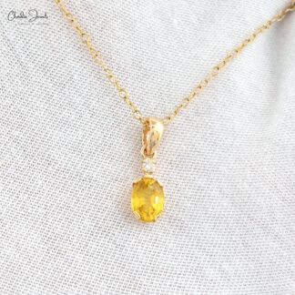 Diamond Accented Pendant In 14k Solid Gold With 7x5mm Yellow Sapphire Two Stone Pendant For Gf