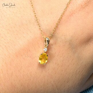 Diamond Accented Pendant In 14k Solid Gold With 7x5mm Yellow Sapphire Two Stone Pendant For Gf