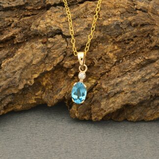 Solid 14k Gold Dual Stone Pendant With 2 Ct Swiss Blue Topaz And Diamond Wedding Necklace