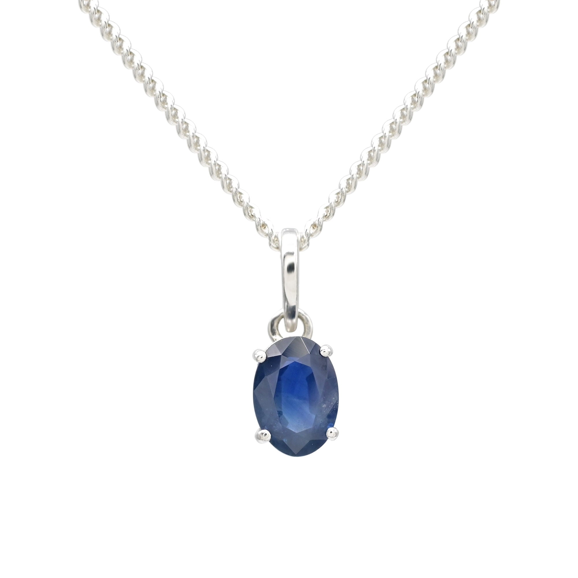 Oval Cut Solitaire Pendant With 7x5mm Blue Sapphire Prong Set In 14k White Gold Necklaces
