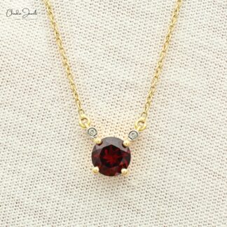 Real Red Garnet 1.1Ct Round Gemstone With Diamond Accents In 14k Yellow Gold Pendant