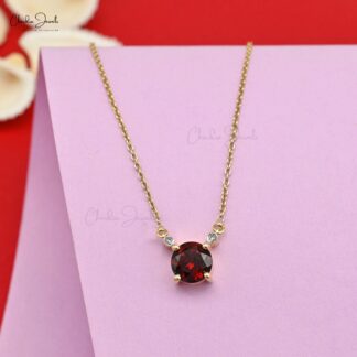 Real Red Garnet 1.1Ct Round Gemstone With Diamond Accents In 14k Yellow Gold Pendant