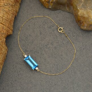 Three Stone Chain Bracelet in 14k Yellow Gold Swiss Blue Topaz Diamond Jewelry