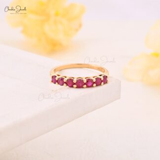 Half Eternity 7 Stone Band In 14k Yellow Gold Ruby 3mm Gemstone Stackable Ring Size US8