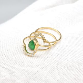 Genuine Emerald Trio Halo Band In 14k Yellow Gold Diamond IGI Verified Wedding Ring