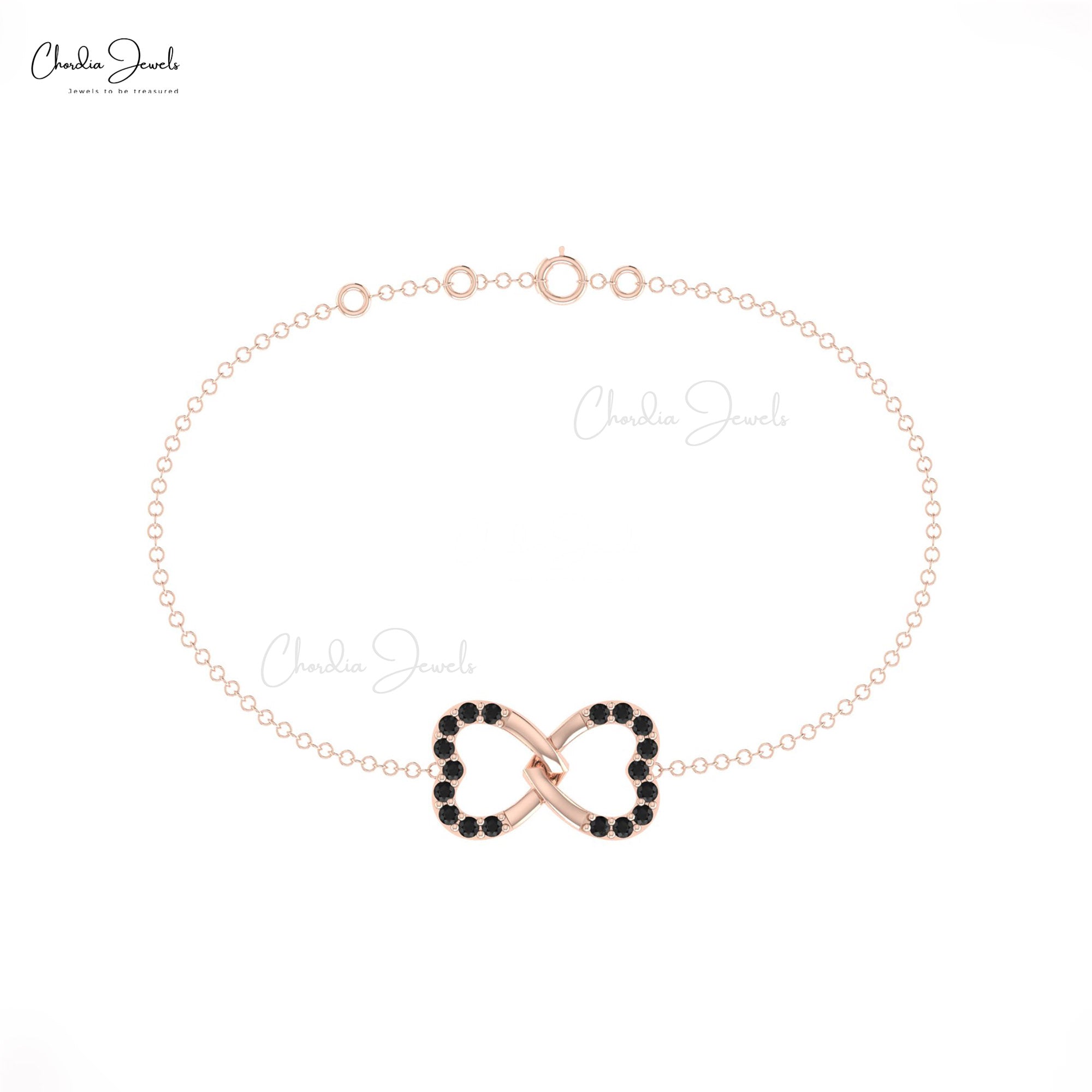 Infinity Heart Chain Bracelet In Pure 14k Gold Black Diamond 0.18 Ct Round Cut Bracelets