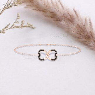 Infinity Heart Chain Bracelet In Pure 14k Gold Black Diamond 0.18 Ct Round Cut Bracelets