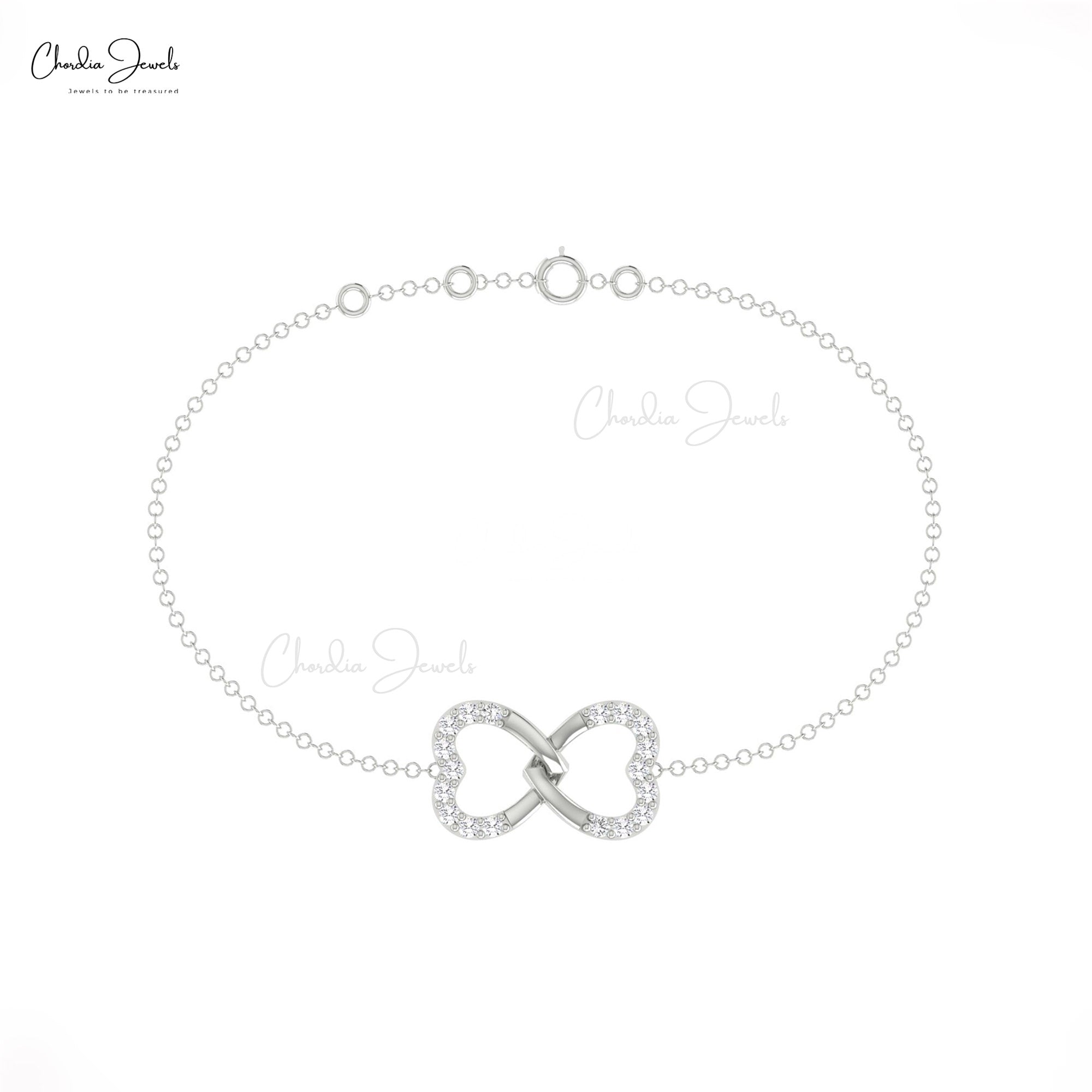 Delicate Double Heart Bracelet With 1.20mm White Diamond 14k Real Gold Arm Barcelets