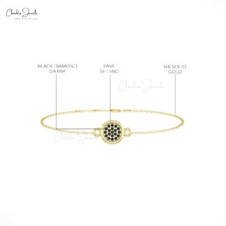 Cluster Chain Disc Bracelet In Solid 14k Gold Black Diamond 0.08 Ct Round Fine Jewelry