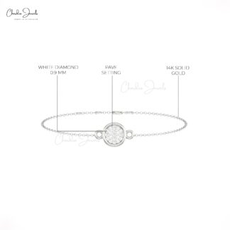 Genuine White Diamond Disc Bracelet With 14k Real Gold Thin Chain Women Bracelets