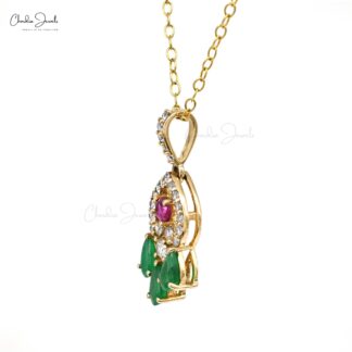 Dangle Multi Stone Pendant In 14k Yellow Gold Emerald & Ruby Diamond Cluster Necklace