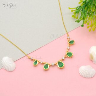 Bezel Set Emerald Chain Necklace In 14k Yellow Gold Diamond IGI Certified Fine Necklaces