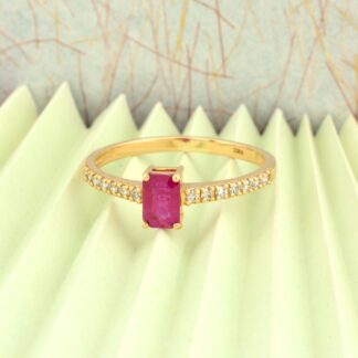 Octagon Gemstone Ring In 18k Yellow Gold Burma Ruby And Dainty Diamond Women Rings