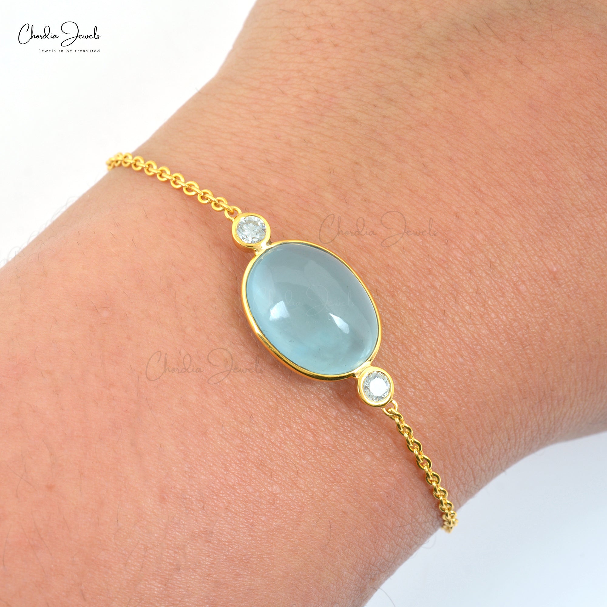 Statement Chain Bracelet In 14k Real Yellow Gold Aquamarine And Diamond 3 Stone Bracelets