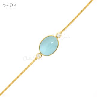 Statement Chain Bracelet In 14k Real Yellow Gold Aquamarine And Diamond 3 Stone Bracelets