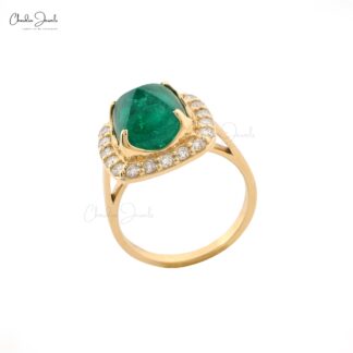 Halo Engagement Ring With 9.5mm Emerald Gemstone And Diamond 14k Yellow Gold Ring Size US7