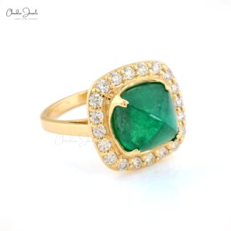 Halo Engagement Ring With 9.5mm Emerald Gemstone And Diamond 14k Yellow Gold Ring Size US7