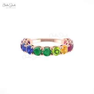 Multi Gemstone Stack Band With 4mm Rainbow Stone Half Eternity Ring In 14k Solid Gold