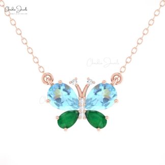 Papillion Unique Necklace With 7x5mm Aquamarine And Diamond Pave In 14k Real Gold Necklace
