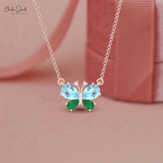Papillion Unique Necklace With 7x5mm Aquamarine And Diamond Pave In 14k Real Gold Necklace